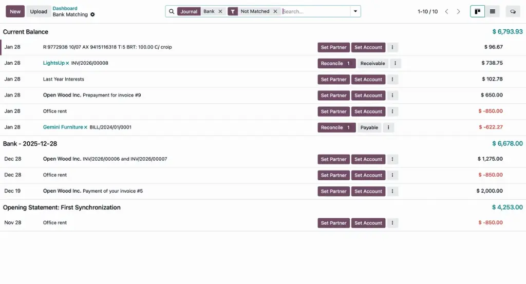 Rapprochement bancaire automatique dans Odoo Comptabilité