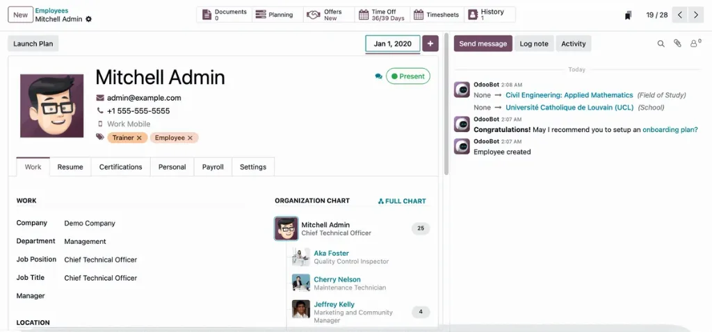 Fiche employé et organigramme dans Odoo RH