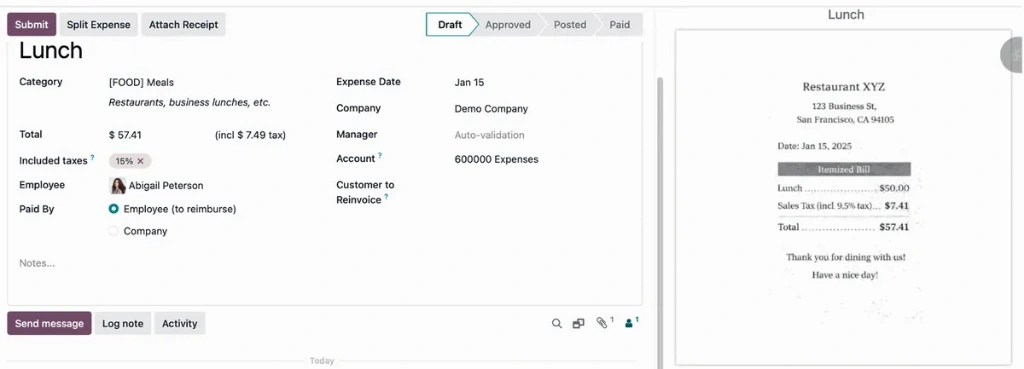 Note de frais avec justificatif dans Odoo