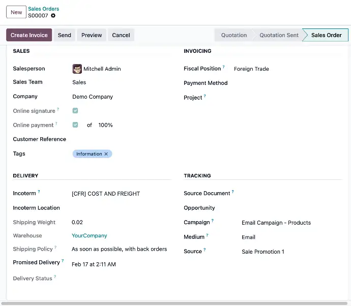 Bon de commande Odoo générant automatiquement livraison et facture
