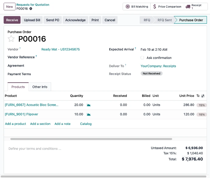 Bon de commande fournisseur dans Odoo Achats